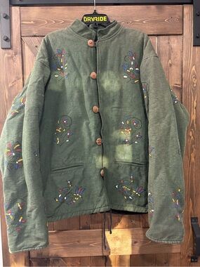 Nepal 100% women’s Cotton Hand Painted Boho Jacket Fleece Lined Green 24” Pit